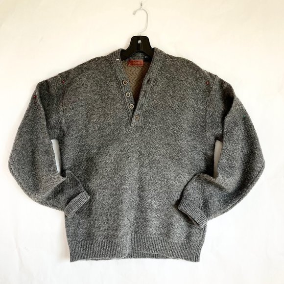VTG Henry Grethel Herringbone Knit Wool Blend Relax Fit Grey Pullover M 4-Button - Picture 9 of 16